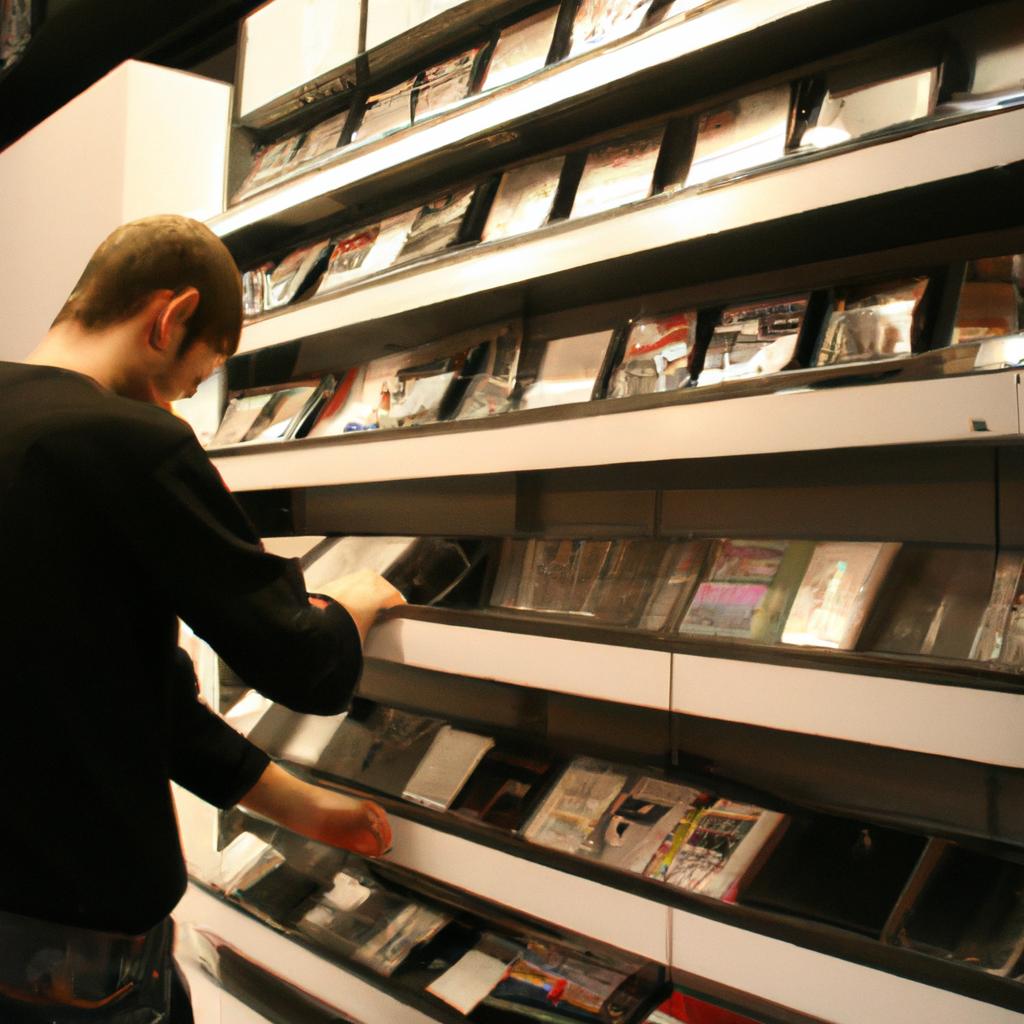 Person browsing music genres in-store