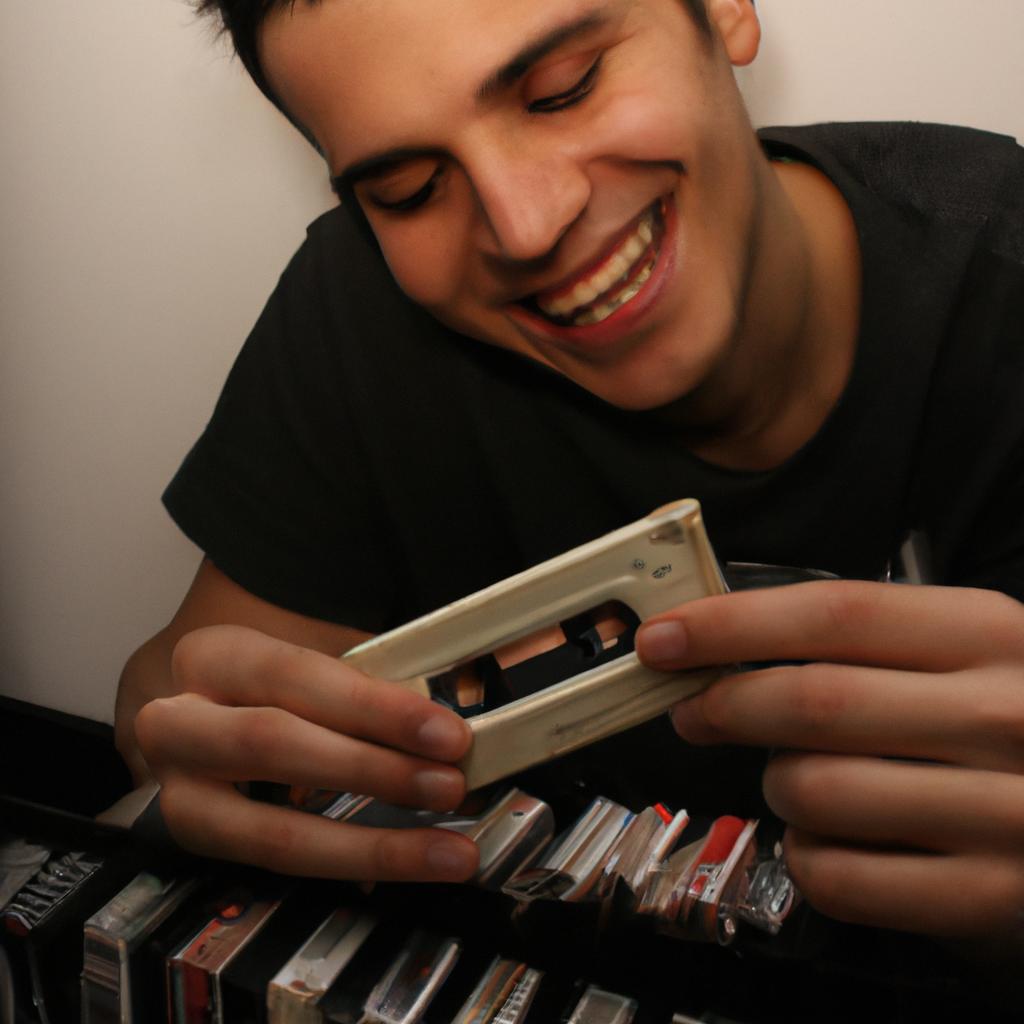 Person browsing cassette tapes, smiling