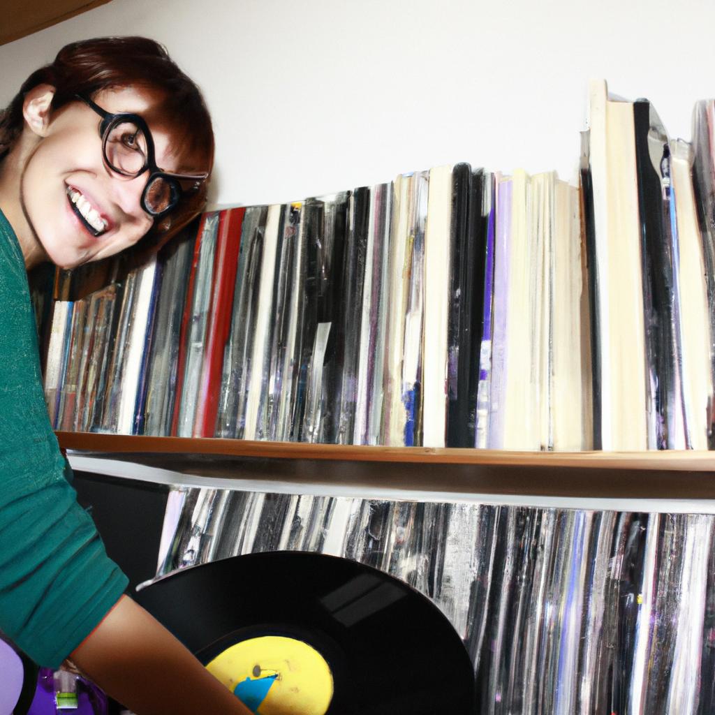 Person browsing vinyl records, smiling