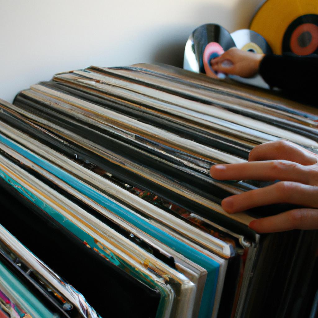 Person browsing vinyl records collection