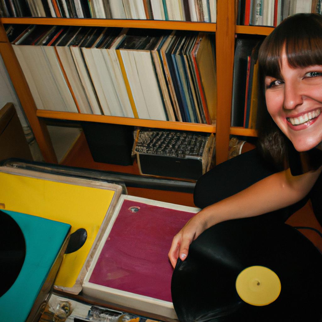 Person browsing vinyl records, smiling