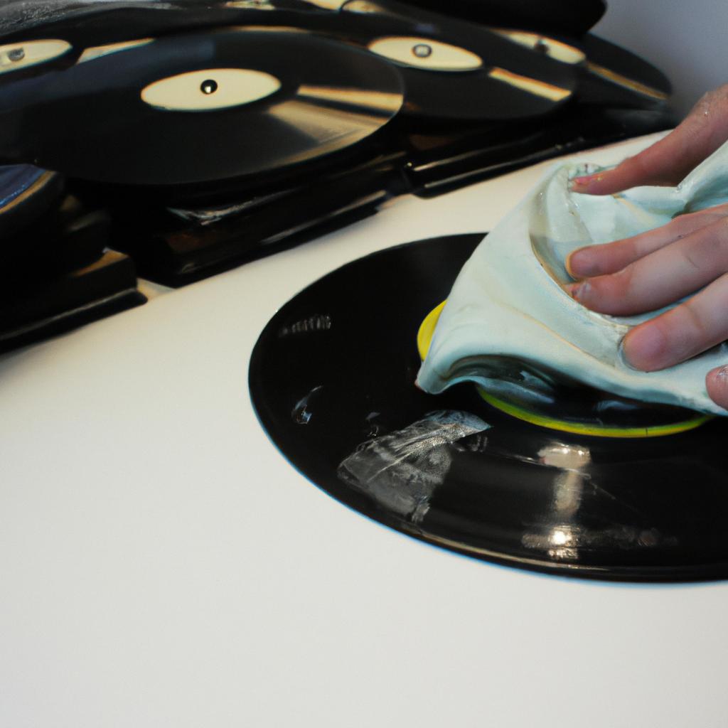 Person cleaning vinyl records carefully